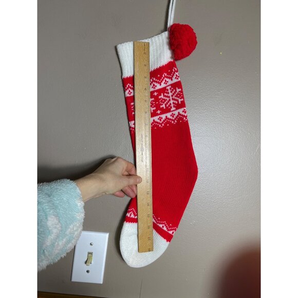 Vtg Christmas Stocking Knit Snowflake Fairisle Pompom Holiday Decor Cozy Hearth - Picture 4 of 5